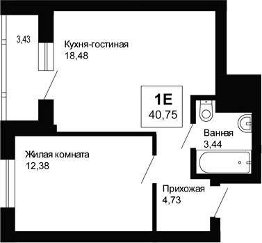 Планировка 1-к.кв, 40,75 м² в ЖК Ривьера. Айвазовский