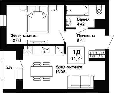 Планировка 1-к.кв, 41,27 м² в ЖК Ривьера. Айвазовский