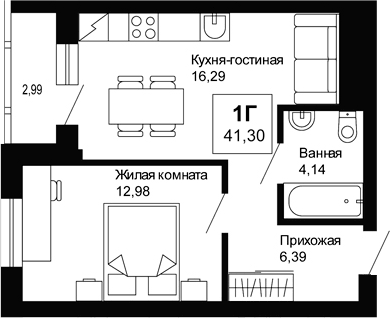 Планировка 1-к.кв, 41,3 м² в ЖК Ривьера. Айвазовский
