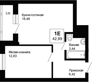 Планировка 1-к.кв, 42,89 м² в ЖК Ривьера. Айвазовский