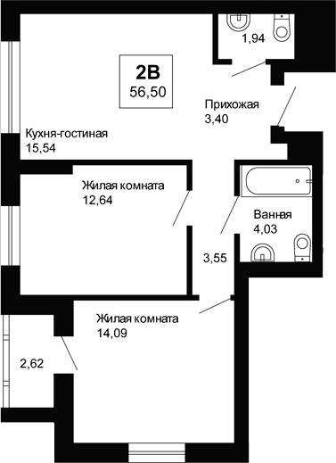Планировка 2-к.кв, 56,5 м² в ЖК Ривьера. Айвазовский