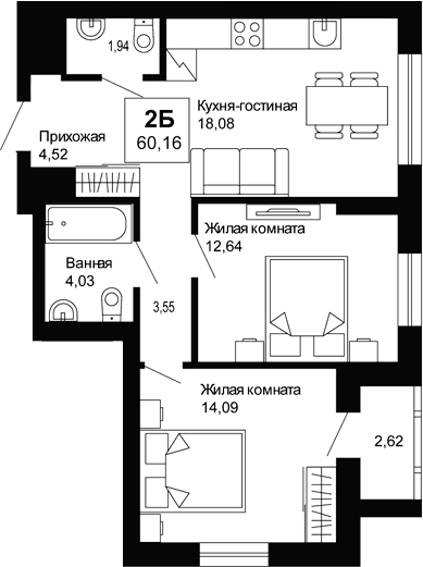 Планировка 2-к.кв, 60,16 м² в ЖК Ривьера. Айвазовский