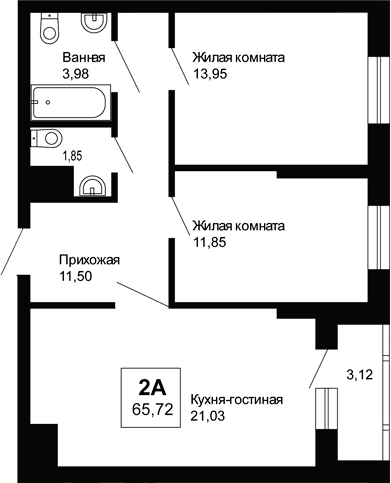 Планировка 2-к.кв, 65,72 м² в ЖК Ривьера. Айвазовский