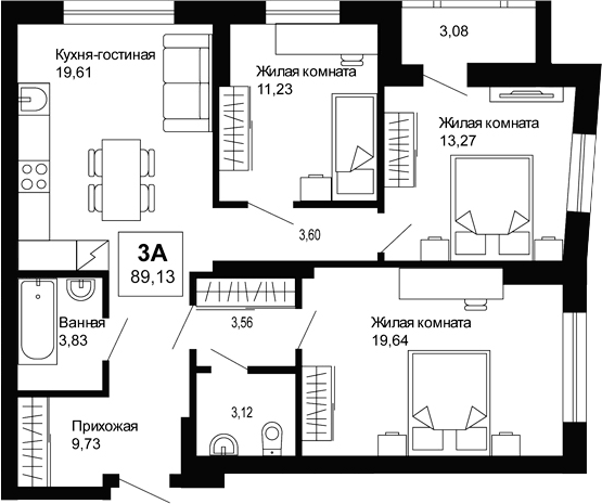 Планировка 3-к.кв, 89,13 м² в ЖК Ривьера. Айвазовский