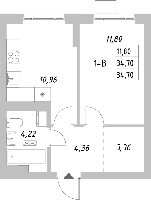 Планировка 1-к.кв, 34,7 м² в ЖК Риверсайд