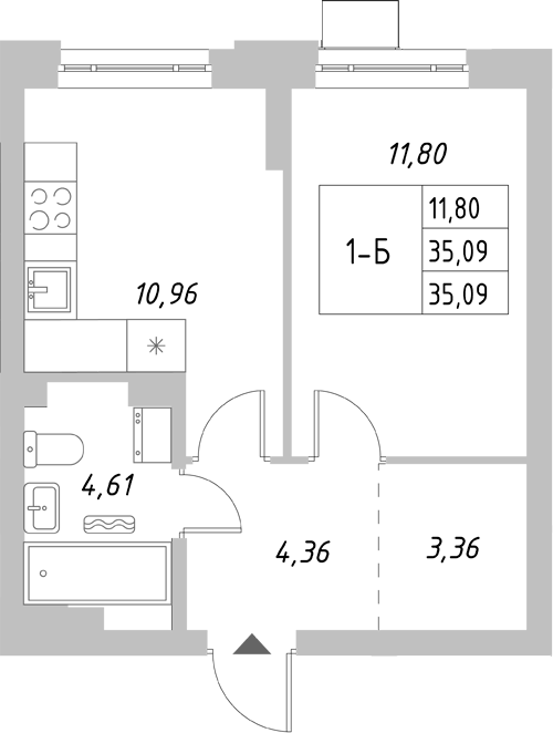 Планировка 1-к.кв, 35,09 м² в ЖК Риверсайд