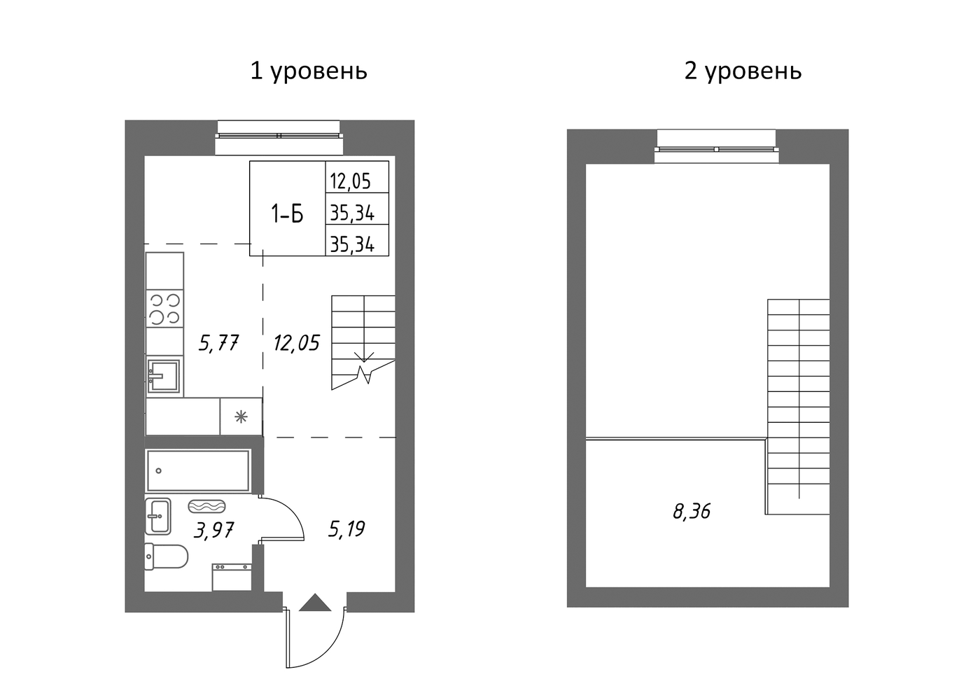 Планировка 1-к.кв, 35,34 м² в ЖК Риверсайд