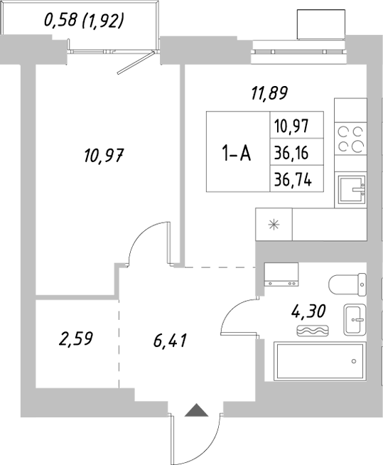 Планировка 1-к.кв, 36,74 м² в ЖК Риверсайд