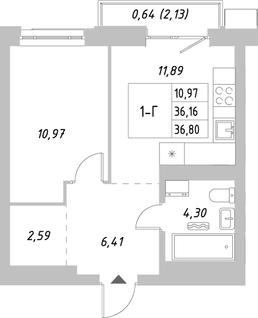 Планировка 1-к.кв, 36,8 м² в ЖК Риверсайд