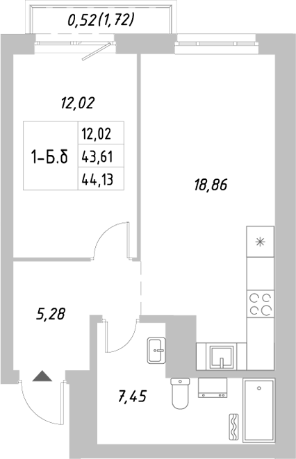 Планировка 1-к.кв, 44,13 м² в ЖК Риверсайд