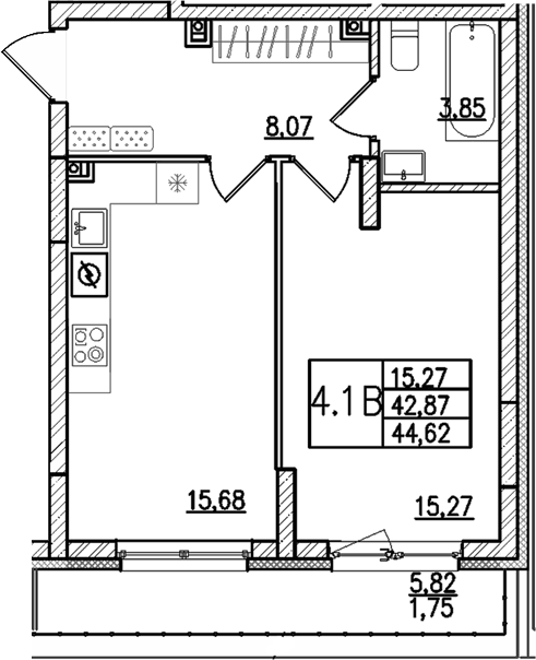 Планировка 1-к.кв, 44,62 м² в ЖК Риверсайд
