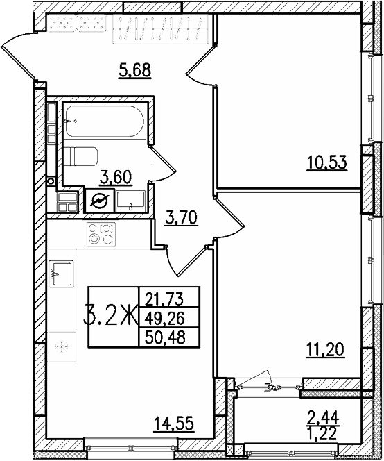 Планировка 2-к, 50,48 м² в ЖК Риверсайд
