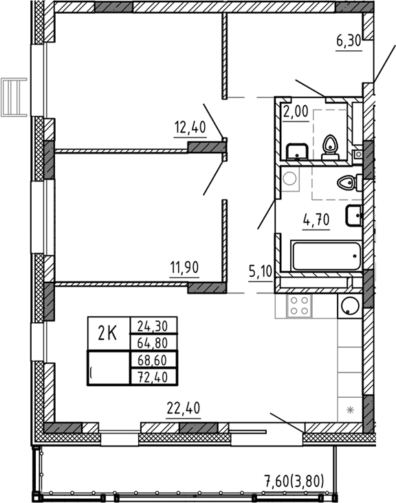 Планировка 3Е-к, 68,6 м² в ЖК Риверсайд