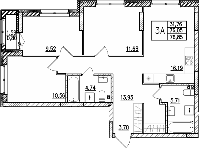 Планировка 3-к, 76,85 м² в ЖК Риверсайд