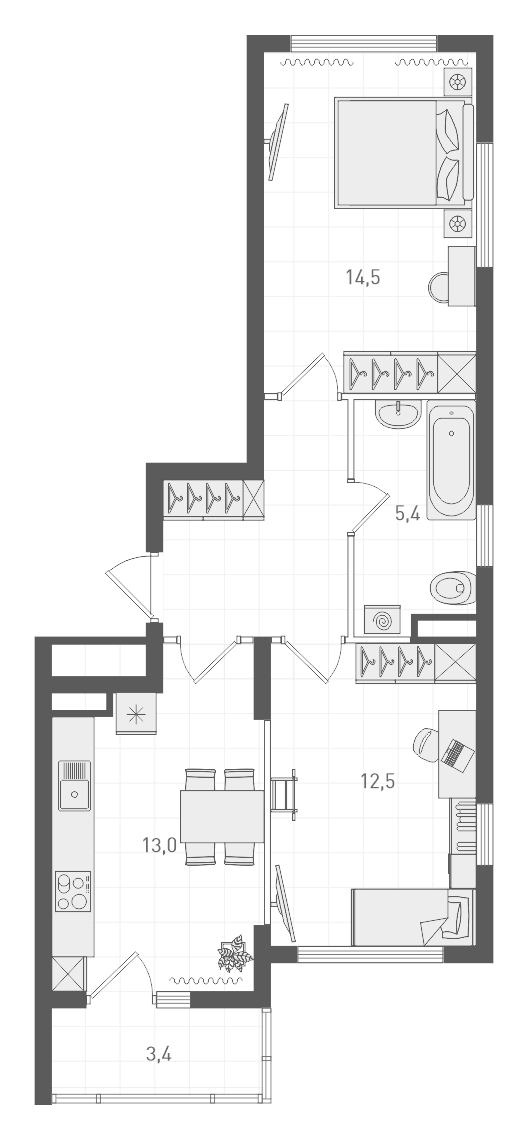 Планировка 2-к, 54,8 м² в ЖК Русь