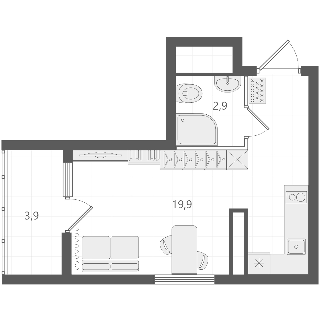 Планировка Студия, 24,5 м² в ЖК Русь