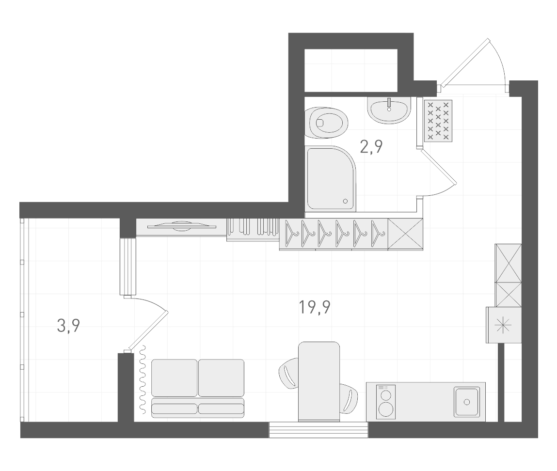 Планировка Студия, 24,7 м² в ЖК Русь
