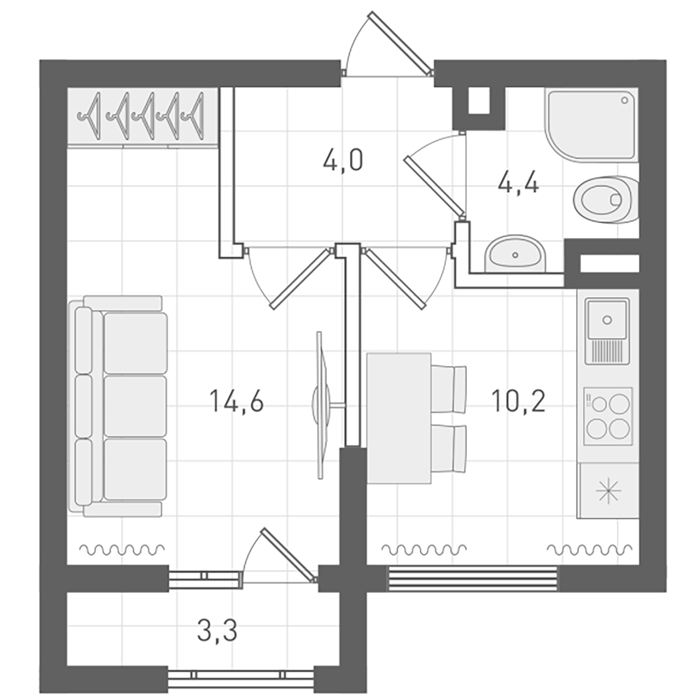 Планировка 1-к.кв, 33,9 м² в ЖК Русь XXI