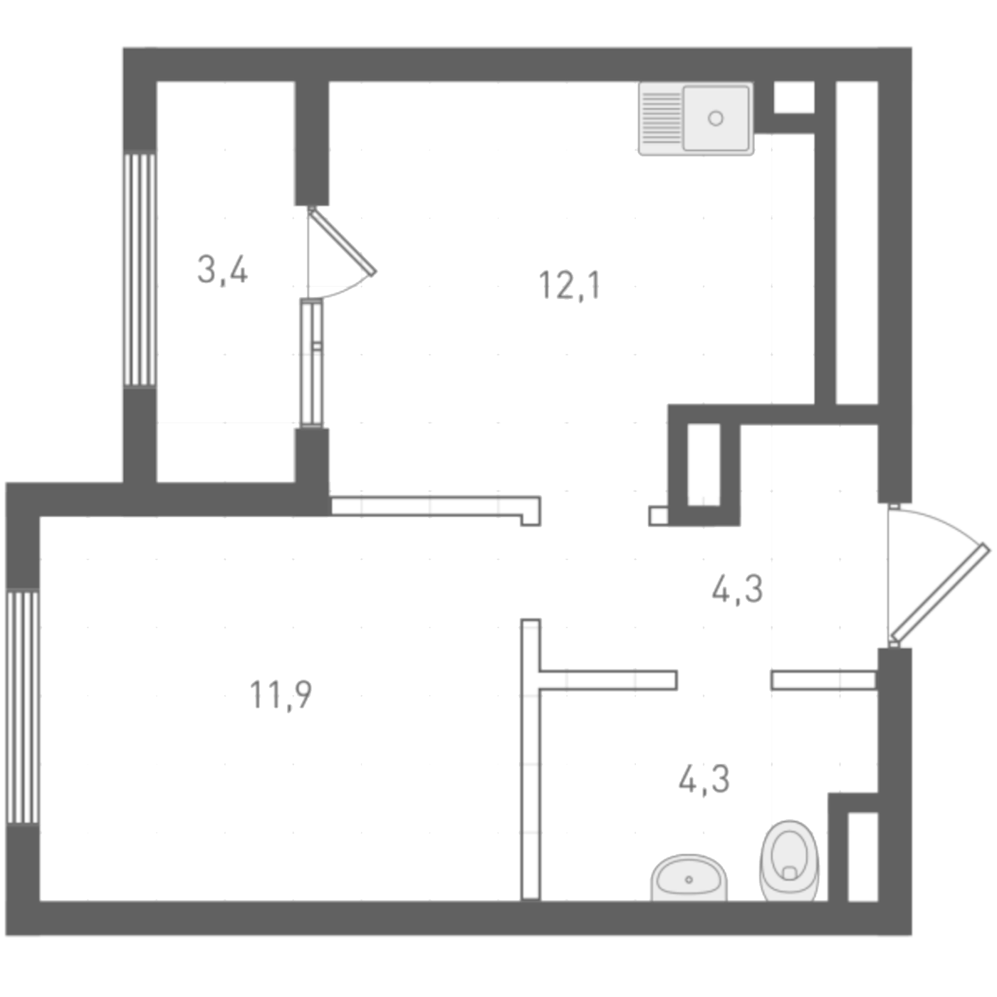Планировка 1-к.кв, 34,3 м² в ЖК Русь XXI