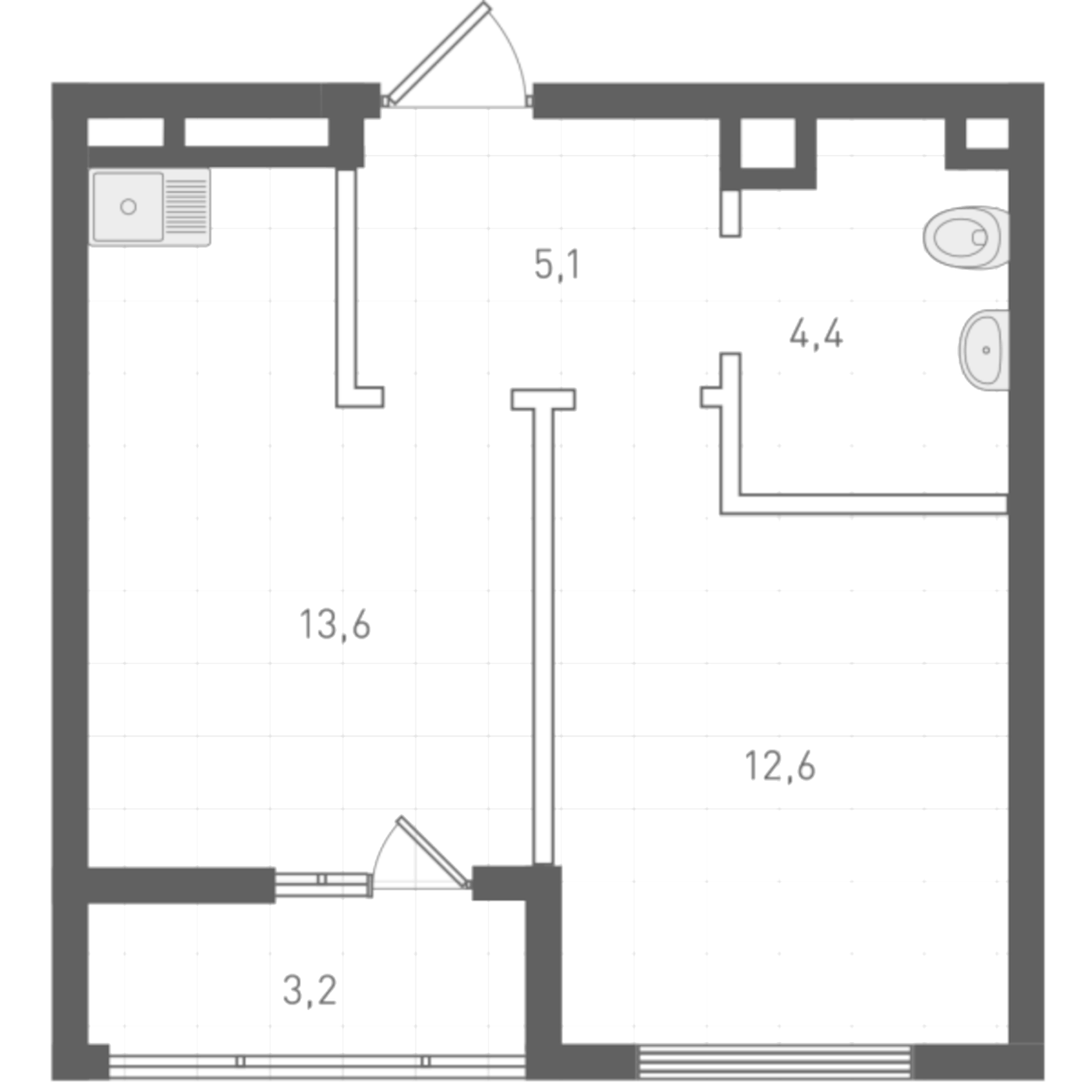 Планировка 1-к.кв, 37,1 м² в ЖК Русь XXI