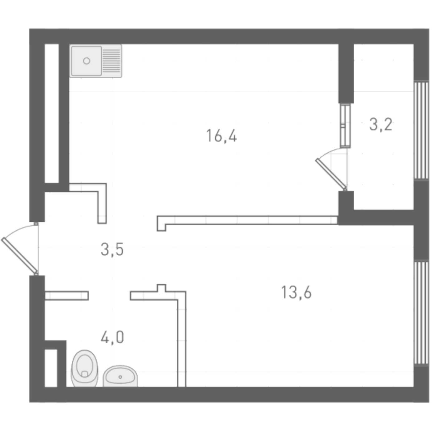 Планировка 1-к.кв, 39 м² в ЖК Русь XXI