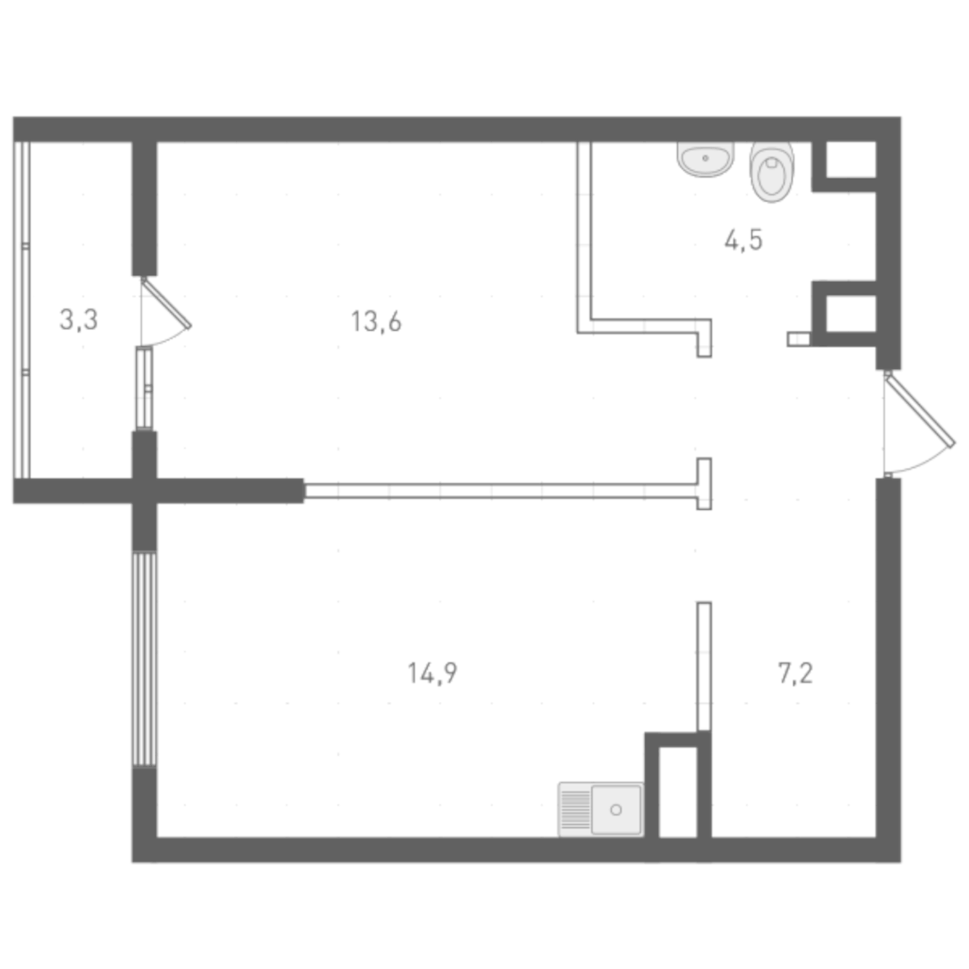 Планировка 1-к.кв, 41,3 м² в ЖК Русь XXI