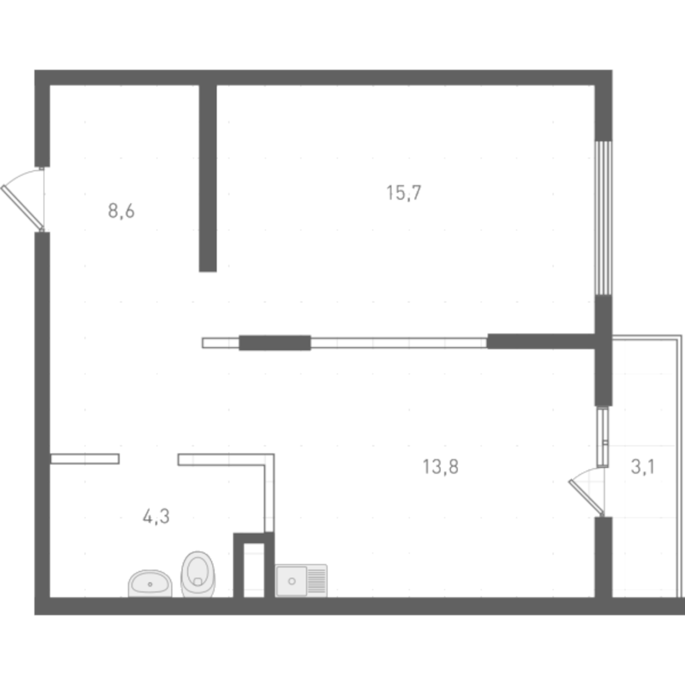 Планировка 1-к.кв, 43,3 м² в ЖК Русь XXI