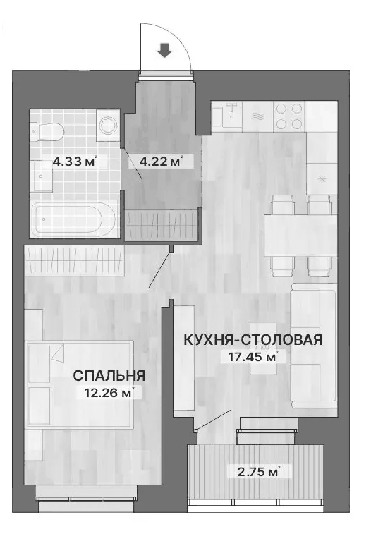 Планировка 1-к, 41,01 м² в ЖК Северное сияние