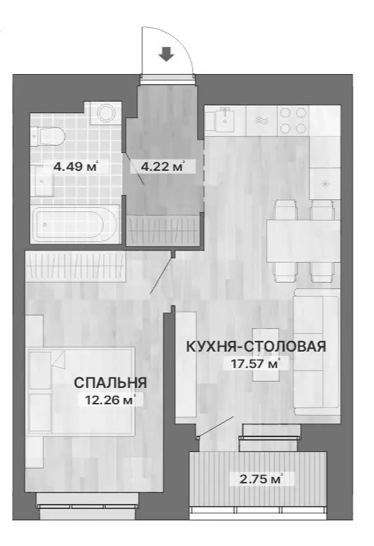 Планировка 1-к.кв, 41,29 м² в ЖК Северное сияние
