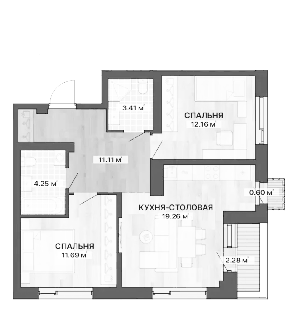 Планировка 2-к, 64,76 м² в ЖК Северное сияние