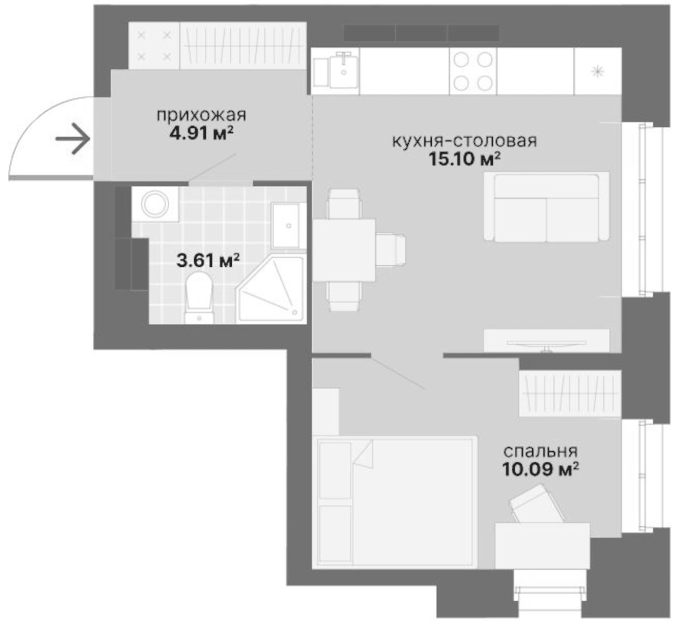 Планировка 1-к.кв, 33,71 м² в ЖК Северный Химмаш
