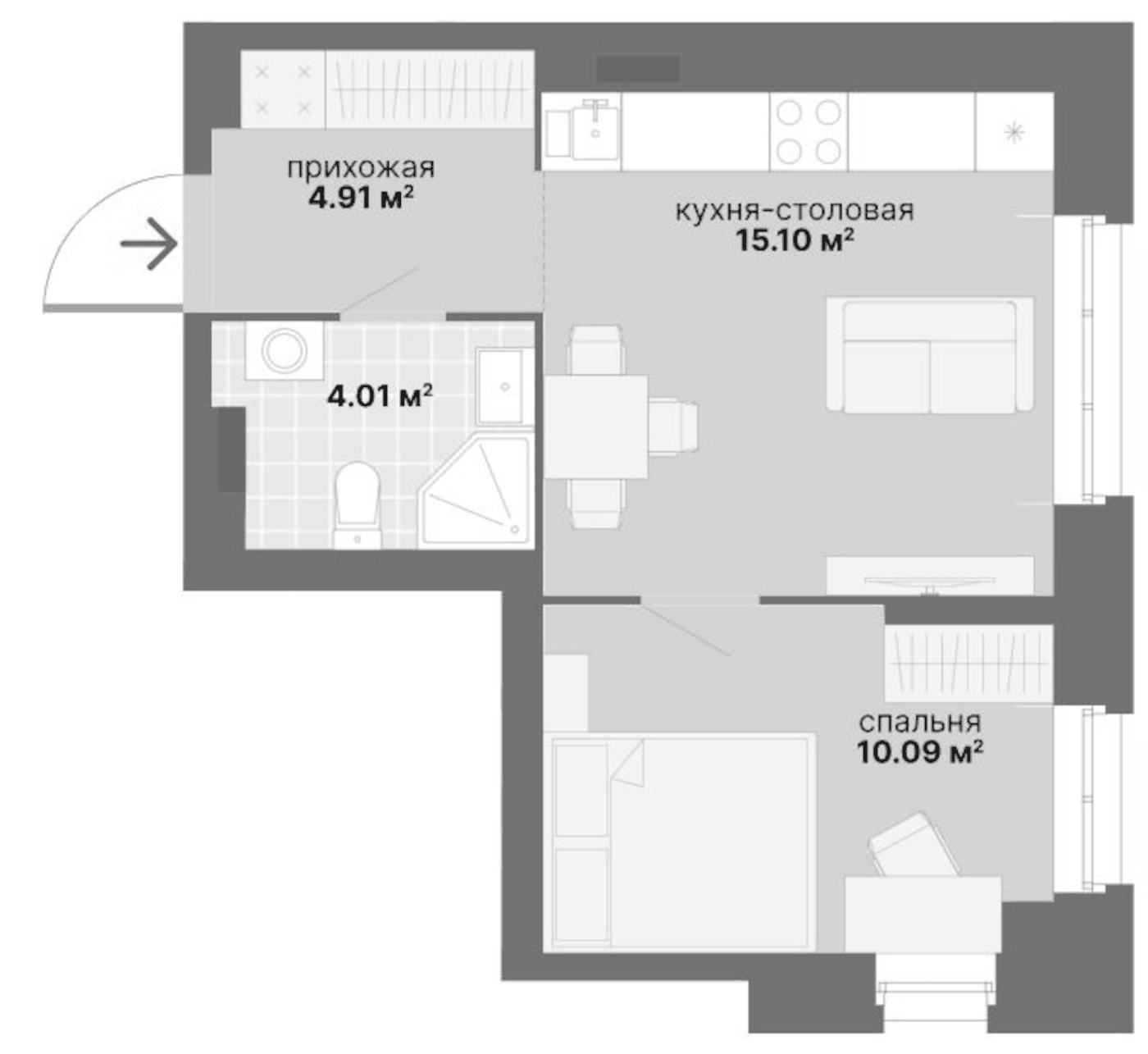 Планировка 1-к.кв, 34,11 м² в ЖК Северный Химмаш