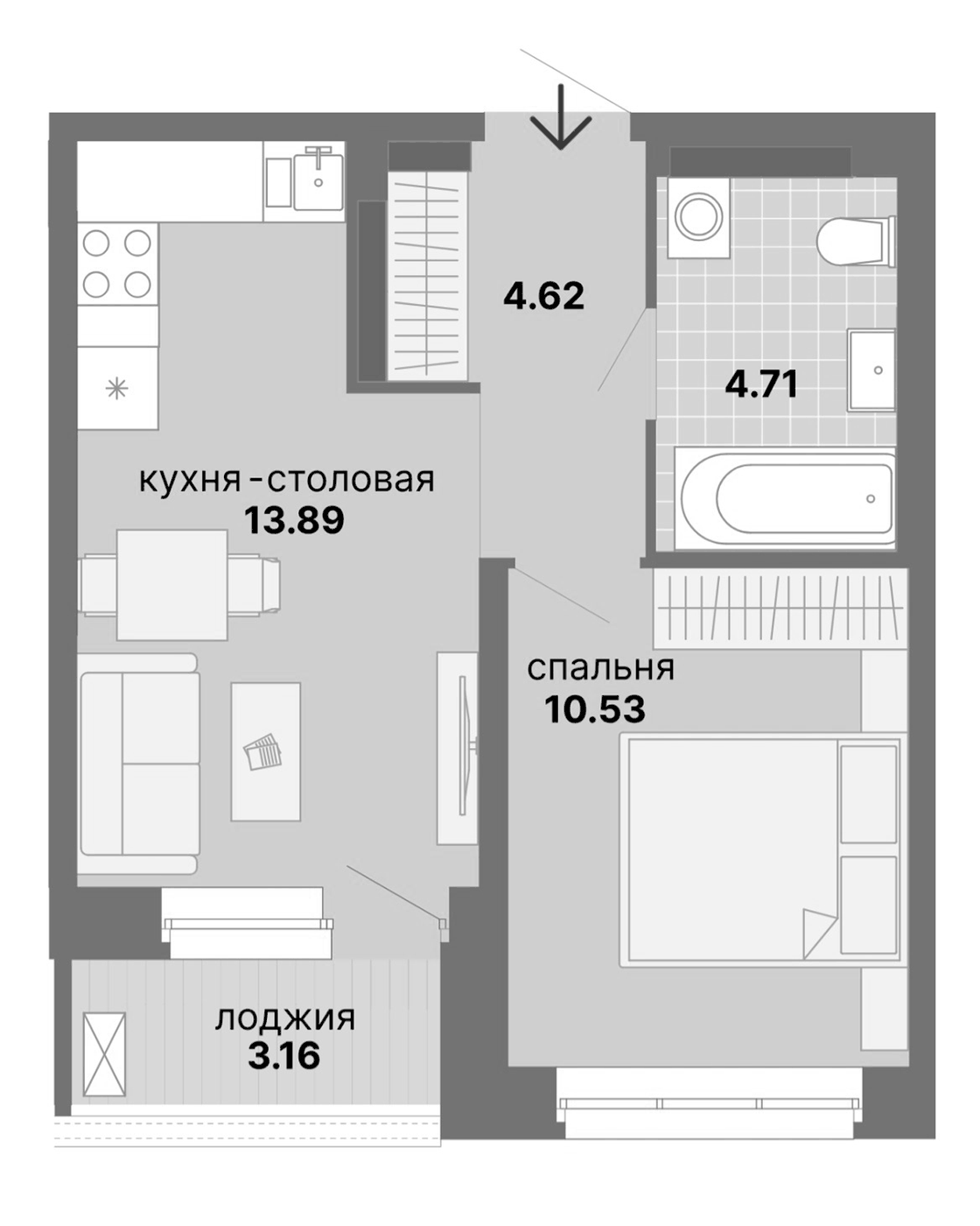 Планировка 1-к.кв, 36,91 м² в ЖК Северный Химмаш