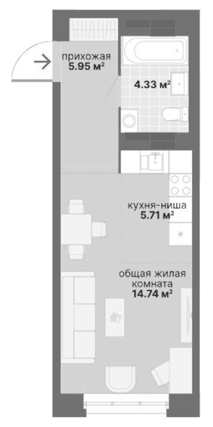 Планировка Студия, 30,73 м² в ЖК Северный Химмаш