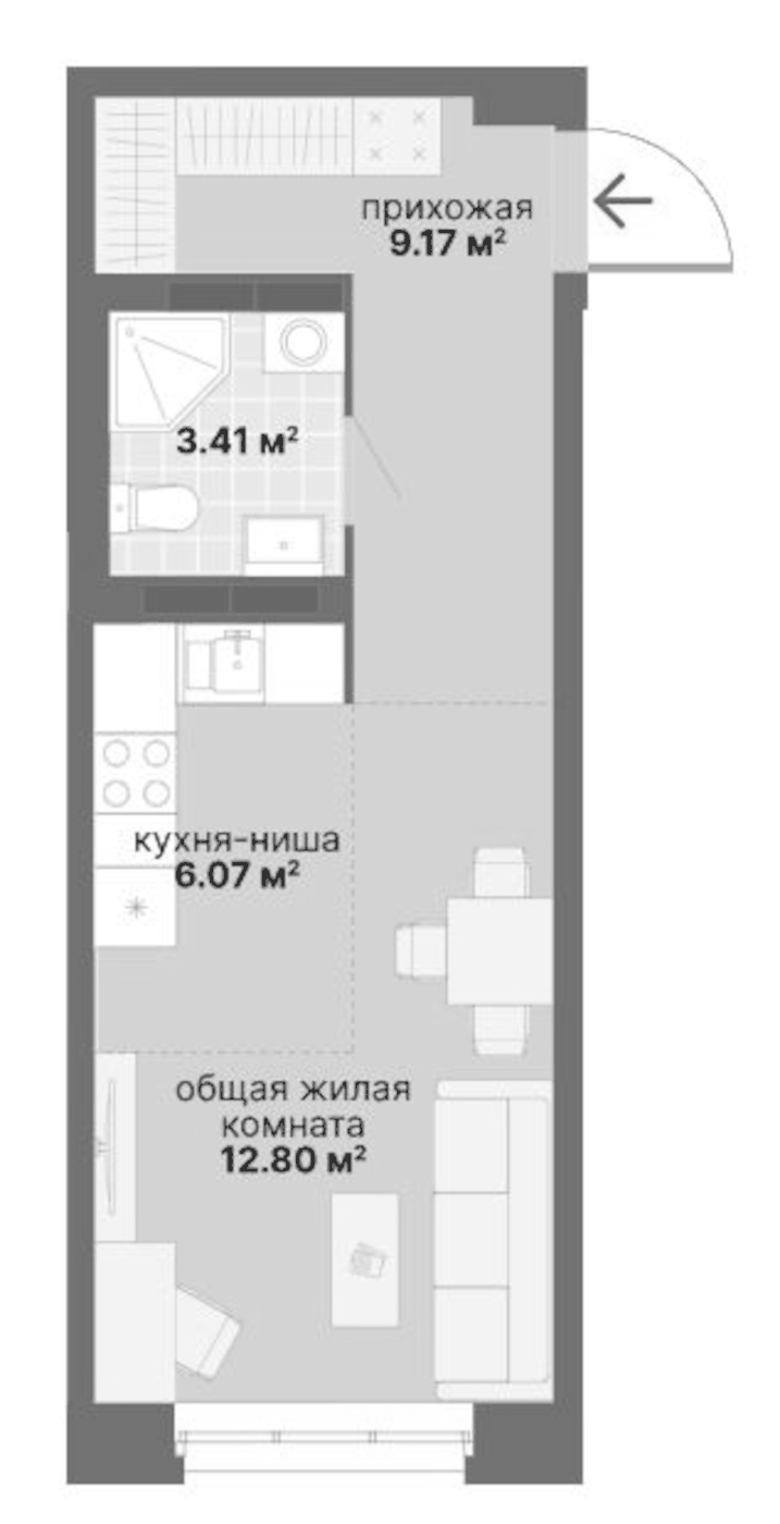 Планировка Студия, 31,45 м² в ЖК Северный Химмаш