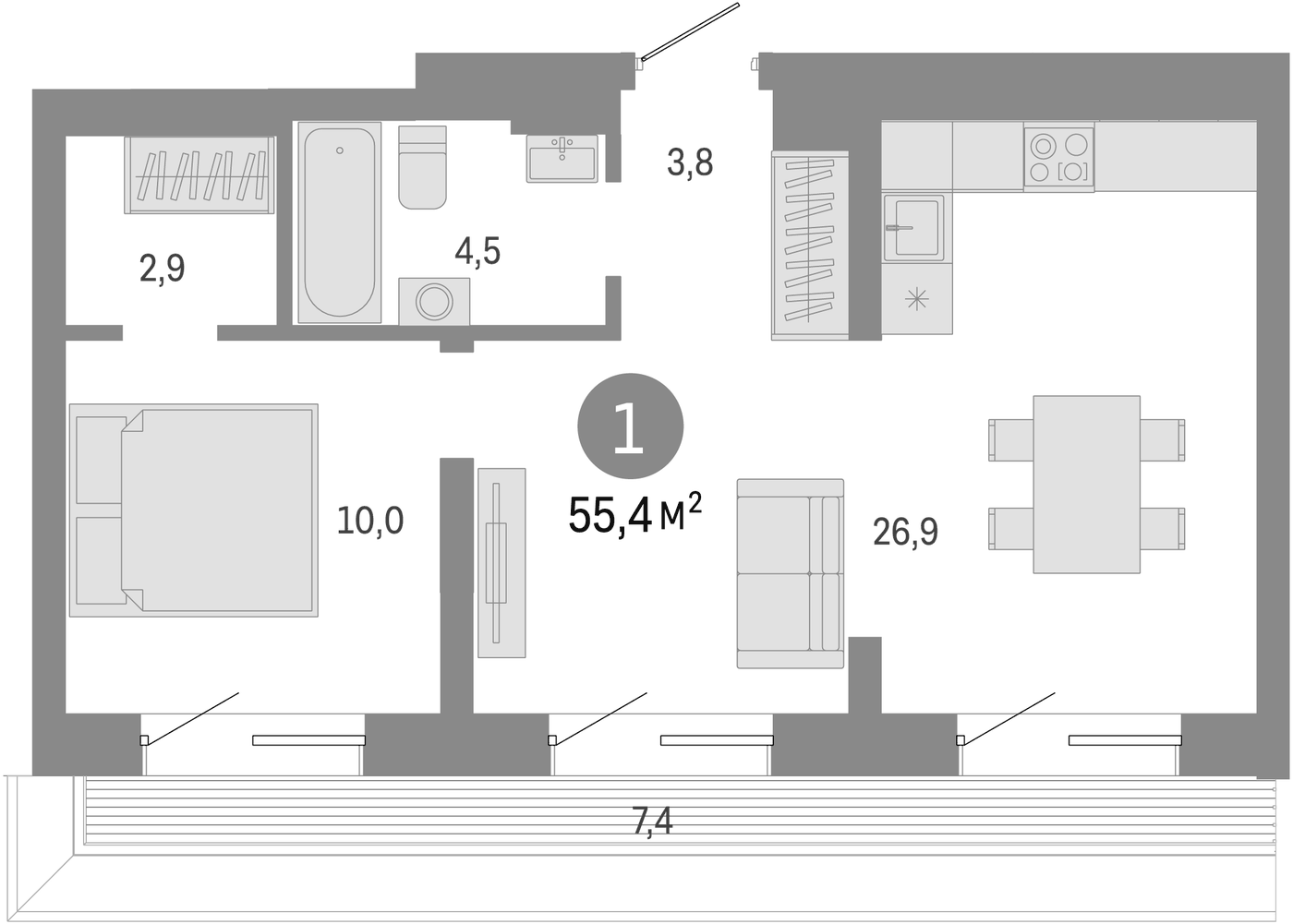 Планировка 2Е-к.кв, 55,4 м² в ЖК Северный квартал