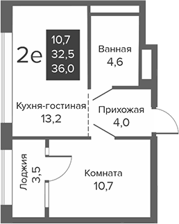 Планировка 2Е-к.кв, 35,99 м² в ЖК Сезоны