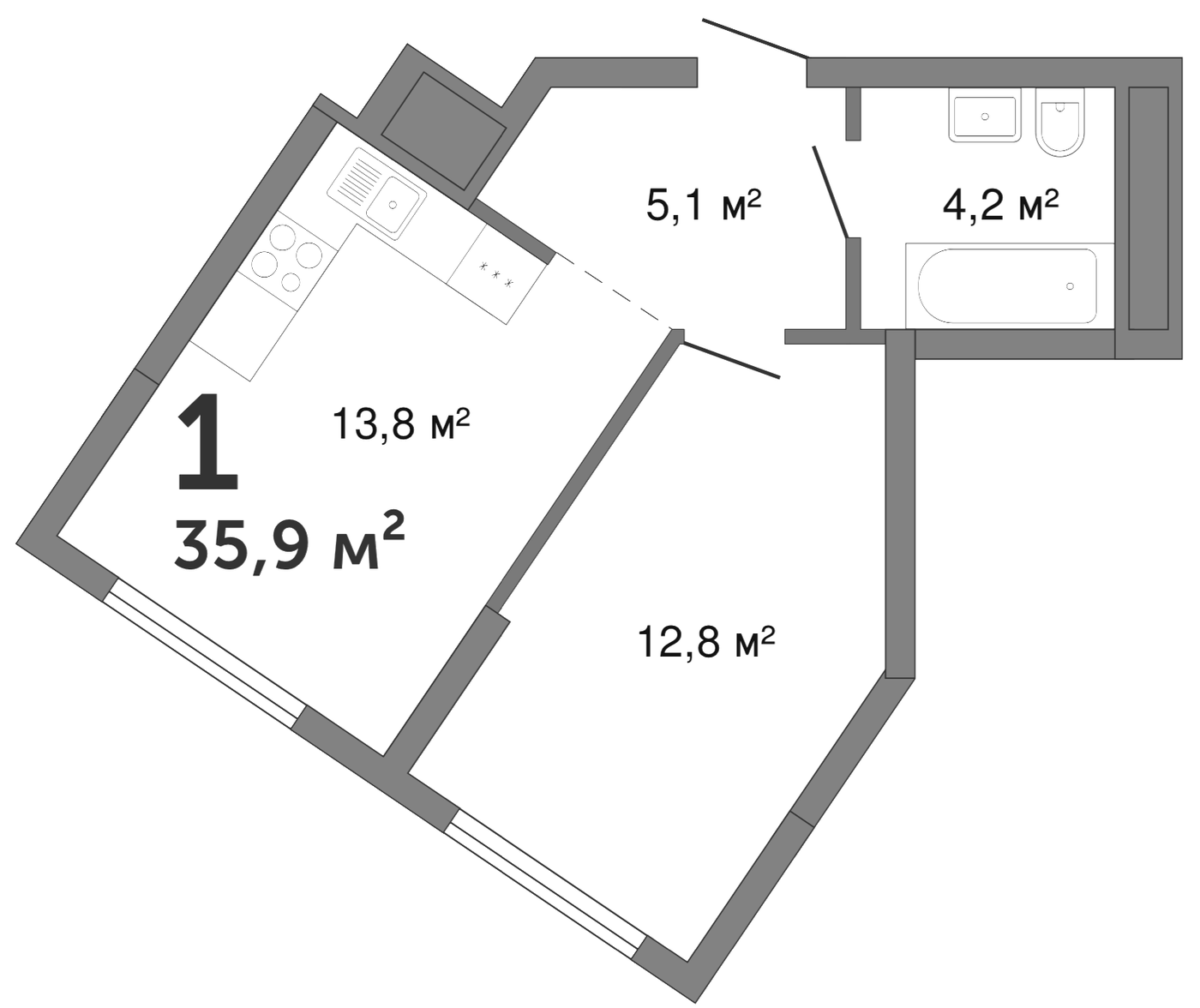 Планировка 1-к.кв, 35,9 м² в ЖК Шарташ Парк