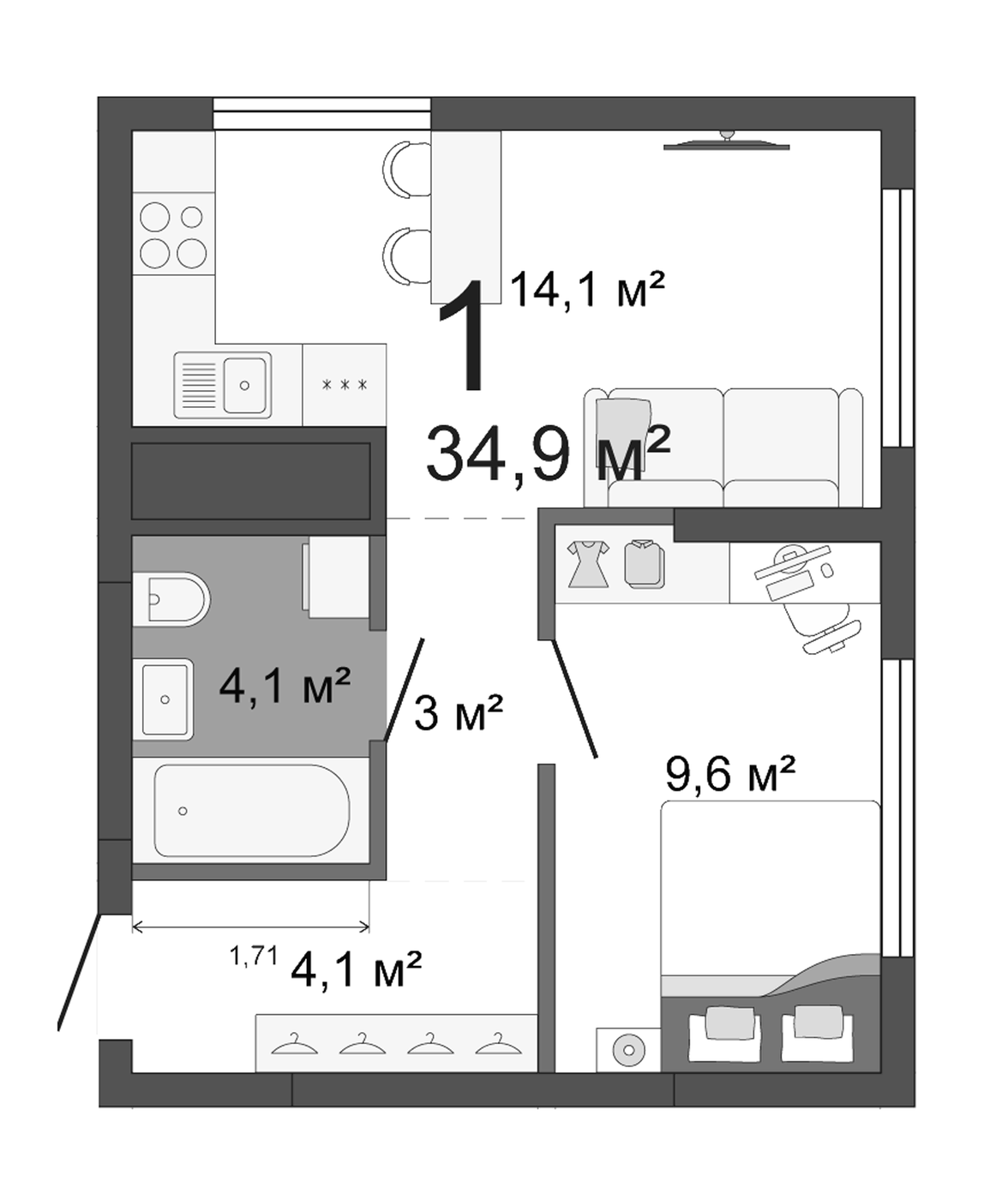 Планировка 2Е-к.кв, 34,9 м² в ЖК Шарташ Парк