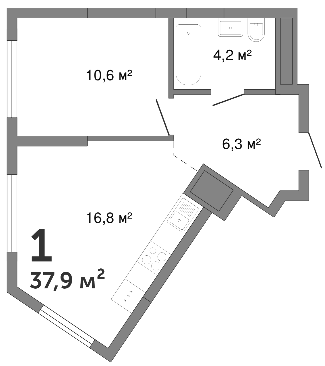 Планировка 2Е-к.кв, 37,9 м² в ЖК Шарташ Парк