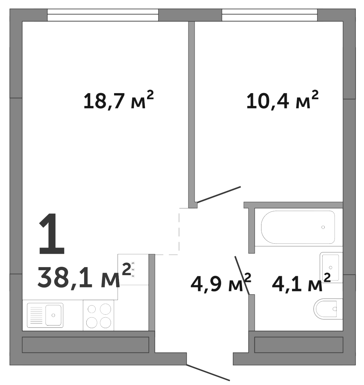 Планировка 2Е-к.кв, 38,1 м² в ЖК Шарташ Парк