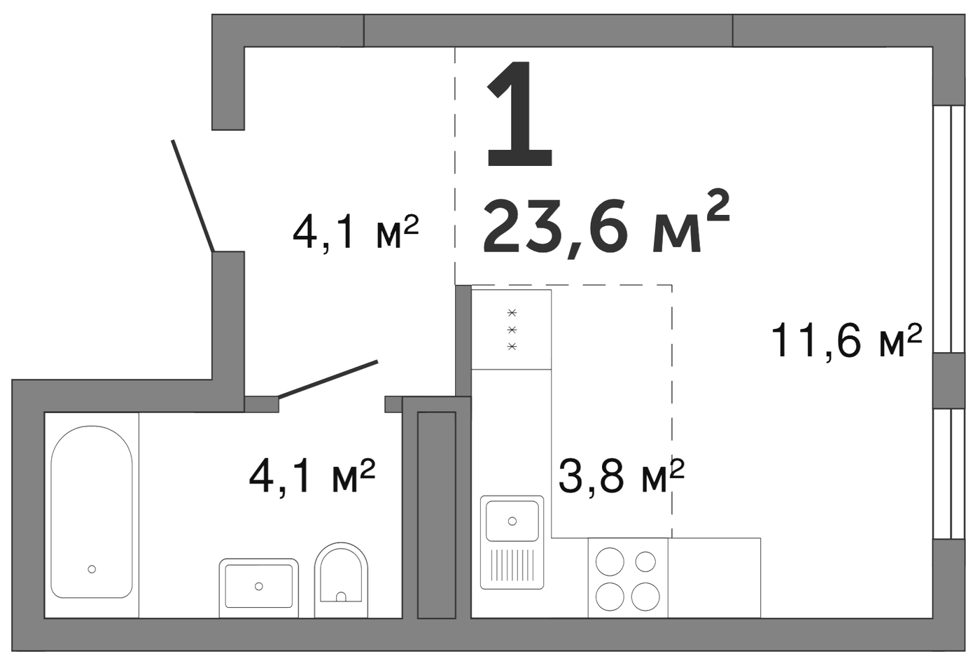 Планировка Студия, 23,6 м² в ЖК Шарташ Парк