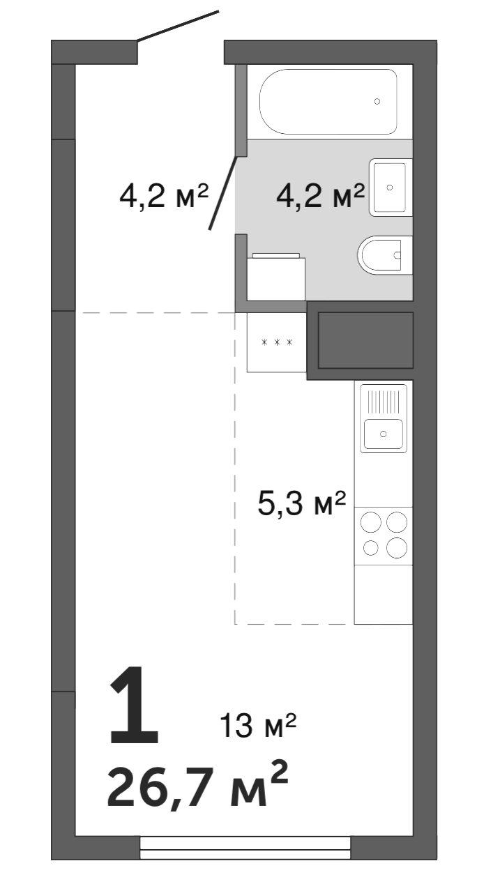 Планировка Студия, 26,7 м² в ЖК Шарташ Парк