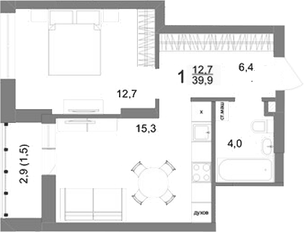 Планировка 1-к.кв, 39,9 м² в ЖК Шаумяна 77