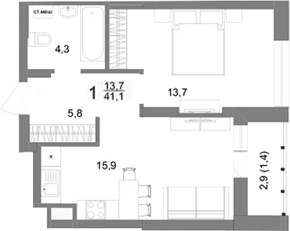 Планировка 1-к.кв, 41,1 м² в ЖК Шаумяна 77