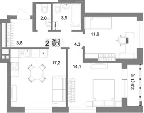 Планировка 2-к.кв, 58,5 м² в ЖК Шаумяна 77