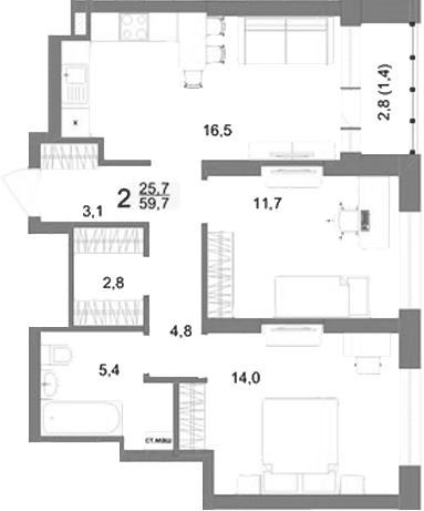 Планировка 2-к.кв, 59,7 м² в ЖК Шаумяна 77