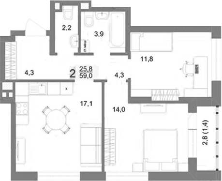Планировка 2-к.кв, 59 м² в ЖК Шаумяна 77