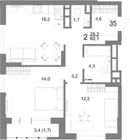 Планировка 2-к.кв, 60,1 м² в ЖК Шаумяна 77