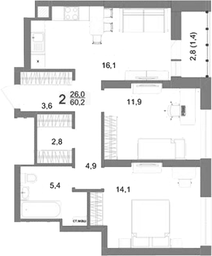 Планировка 2-к.кв, 60,2 м² в ЖК Шаумяна 77